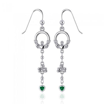 Celtic Claddagh Shamrock Emerald Glass Hearts Silver Earrings TER153 - Jewelry